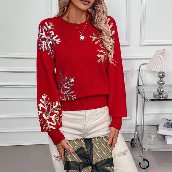 Red Casual Women's Round Neck Valentine's Day Patchwork Snowflake Sequin Sweater - Picture 3 of 7